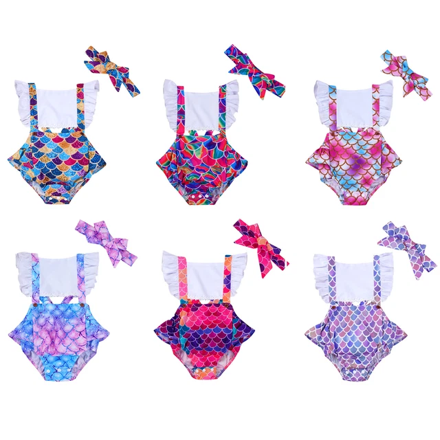 Toddler Baby Girl Romper Outfit Fish Scales Print Bodysuit+Self-tie Headband Set
