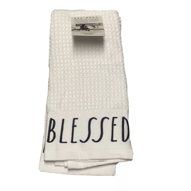 Rae Dunn Embroidered Kitchen Towels Faith & Blessed Set of 2 White NWT