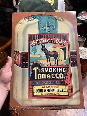 Vintage Orphan Boy Smoking Tobacco Sign 12”WX17 1/2”H