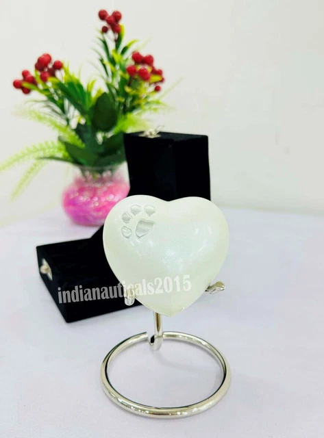 Cremation White Heart Urn for Ashes Memorial Mini Foot Print Urn w/Stand & Box