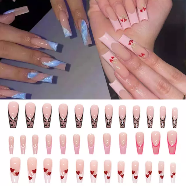 24 pz unghie lunghe rosa glitter cuore bara unghie finte punte fai da te #