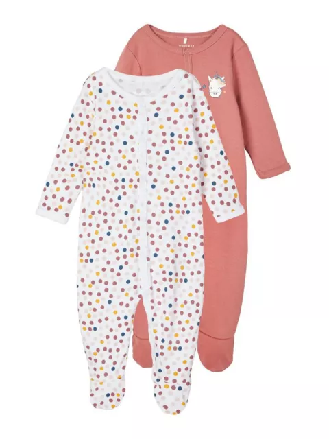 NAME IT 2er Set Strampler mit Füßen rosa gepunktet Einhorn Größe 50 bis 98