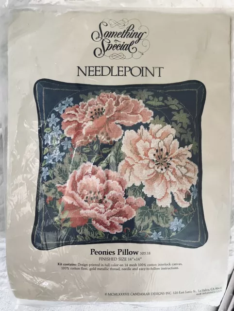 Candamar Something Special Needlepoint #30538 PEONIES PILLOW 14x14 1987 Open Pkg