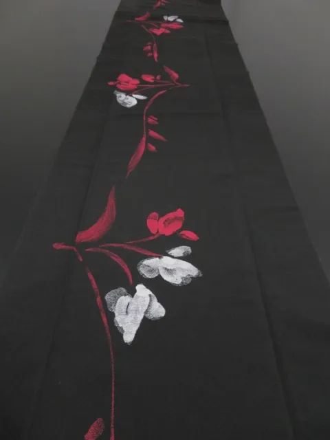 4D03z90 Vintage Japanese Kimono Silk  FABRIC Black Flower 63"