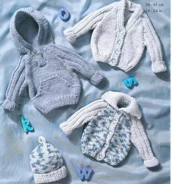 knitting pattern baby chunky hooded sweater and cardigans hat 14 -24 in chest