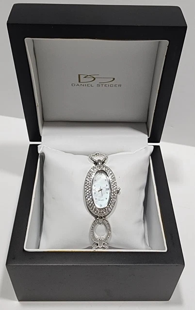 Daniel Steiger Silver Tone Crystal Embellished Womens Bracelet Watch With Box