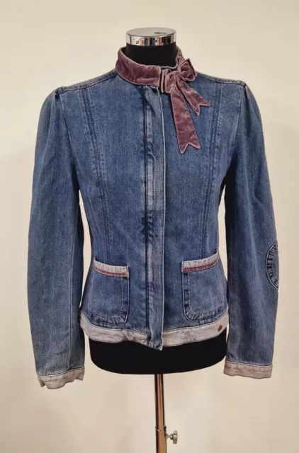 Ted Baker Denim Jacket Siz 3 Uk 12 Blue Pink Velvet Bow Neckline Y2K Bolshoi New