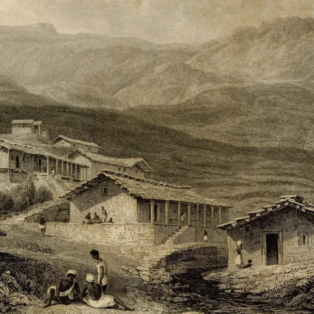 Inde Colline de Gurwall Vue de Jerdair - Gravure originale XIXe