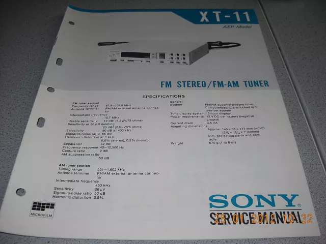 SONY XT-11 FM Stereo / FM-AM Car Tuner Service Manual
