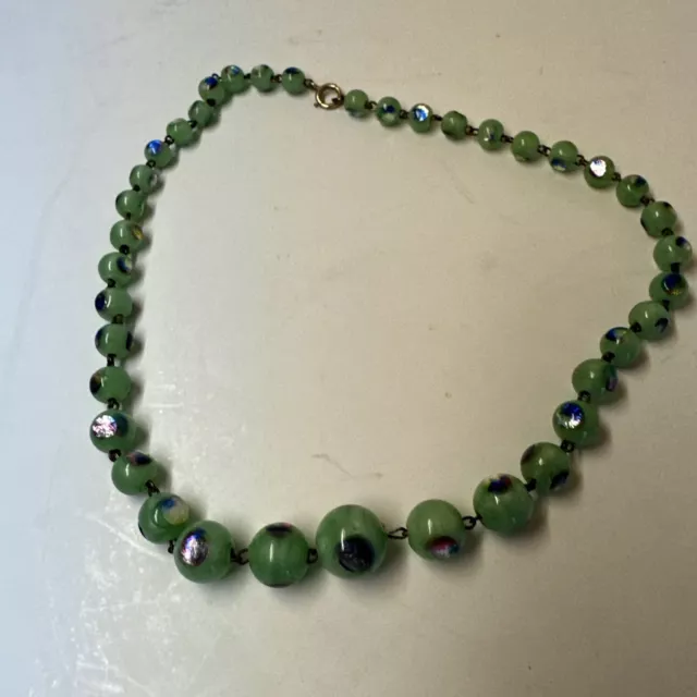 Vtg Art Deco Green Czech Peacock Eye Foil Art Glass Bead Necklace Murano Style