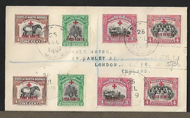 North Borneo To Uk Registered Red Cross Ovpt Stamps On Cover 1919