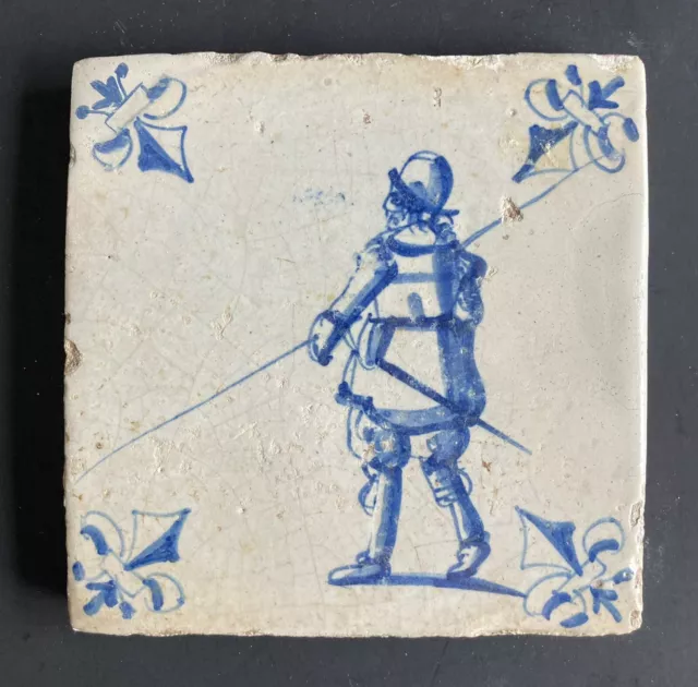 Antique 17th Century Early Dutch Delft Tile Large Soldier Figure Circa 1600’s