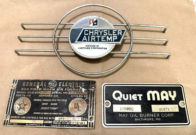 Vintage Original Gas Furnace Metal Name Plate Plaque Badge Tag GE May Chrysler