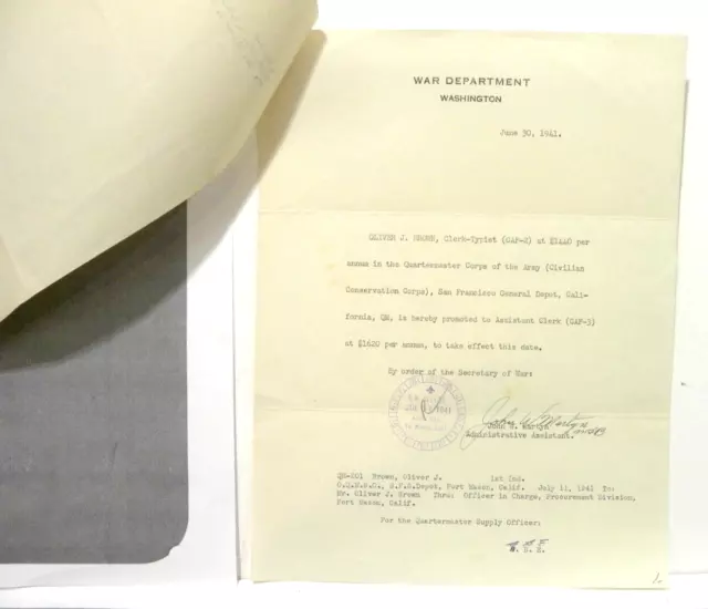 VTG WWll War Dept Promotion Letter - Fort Mason San Francisco, California 1941