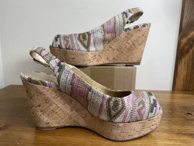 Stuart Weitzman Logoyork Jacquard Wedge Peep Toe Pump Pink Size 8