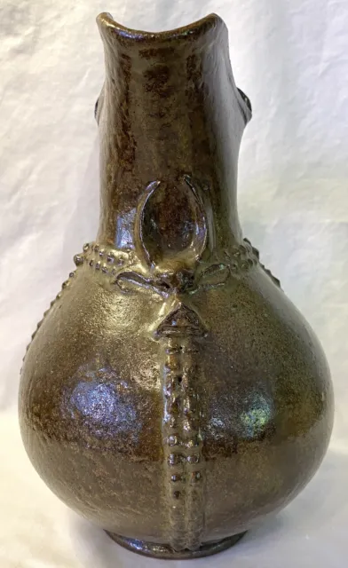 VTG Art House Pottery Pitcher 3D Relief Applied Aurochs Olive Green 9” Rare