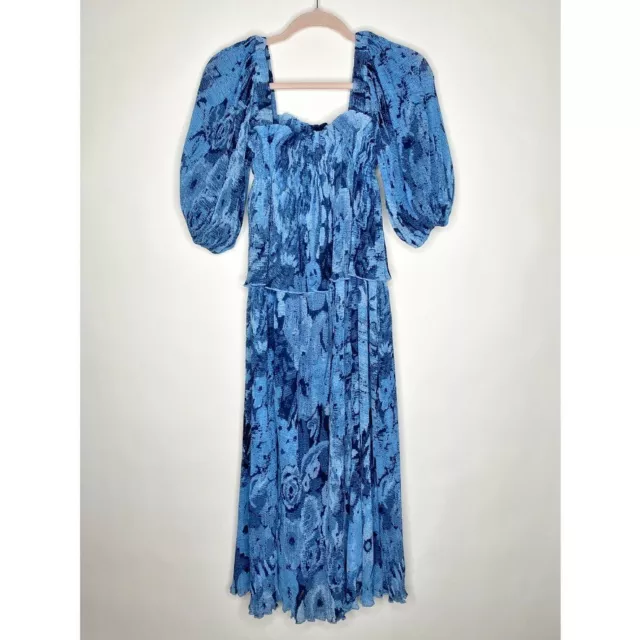 Ganni Georgette Dress Pleated Blue Midi Square Neck Puff Sleeve New Size Small