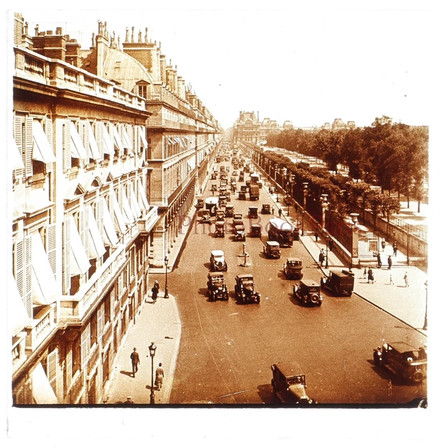 Rue de Rivoli Paris Voitures c1930 FRANCE Photo Plaque de verre Stereo Vintage 