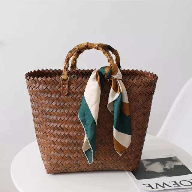 Retro handheld large-capacity tote bag handmade straw bag woven bag basket beach