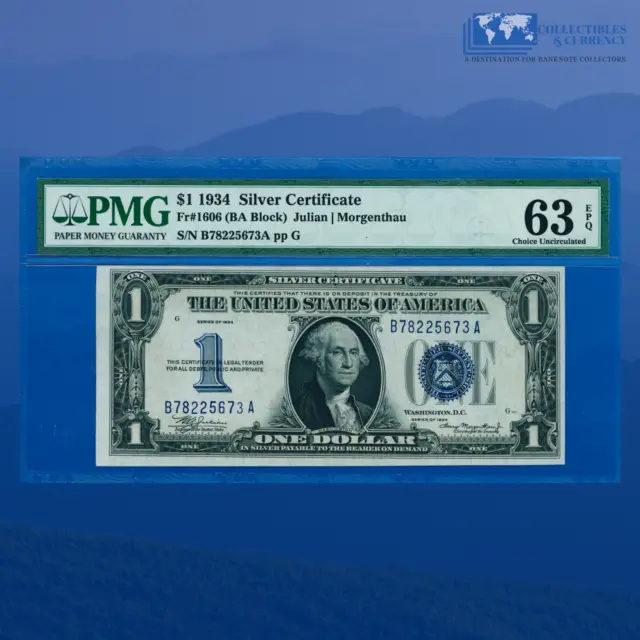 Fr.1606 1934 $1 One Dollar Silver Certificate B/A Block, PMG 63 EPQ #25673