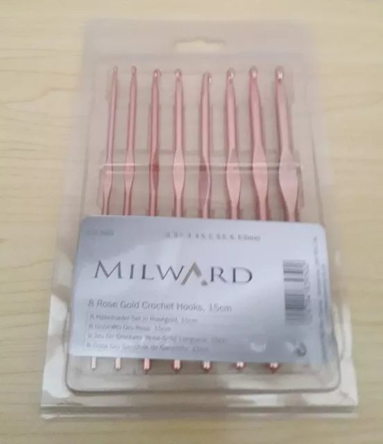 New Milward 8 Piece Set Rose Gold Tone Aluminium Crochet Hooks Sizes 3 to 6.5mm.