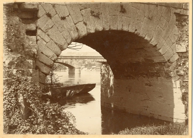 France, Le Vieux Pont de Limay à Mantes vintage albumen print.  Albumi Print