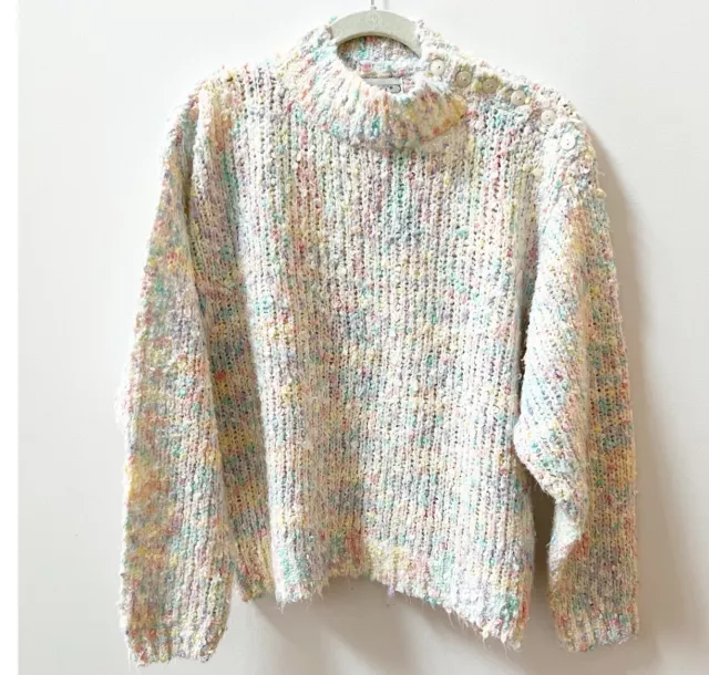 Vintage 80s Womens Pastel Sweater Chunky Knit Kawaii Sz Large Oversized Mockneck