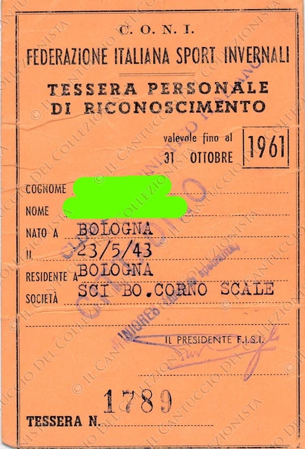 1961 Federazione Italiana Sport invernali CONI tessera