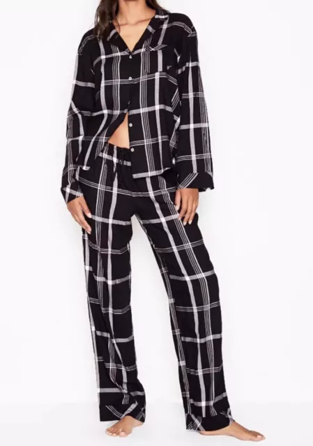NEW Victoria’s Secret Flannel PJ Set Black Pink Plaid 2 Piece Cozy Pajamas M NWT