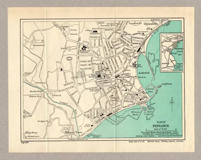 1945 Vintage Folding Map Penzance Cornwall England Ward Lock & Co Ltd 8" x 6.5"