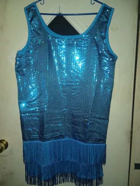 Adult Flirty Flapper Costume Blue 20s Roaring Fancy Dress XL