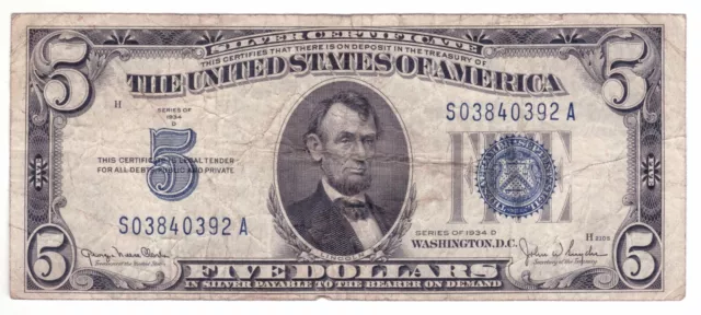 1934 D Five Dollar Silver Certificate $5 Bill Blue Seal Note Circulated