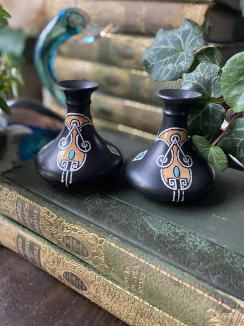 SHELLEY Art Nouveau Small Bud Vases x 2 Orange Lustre Turquoise Enamel on Black