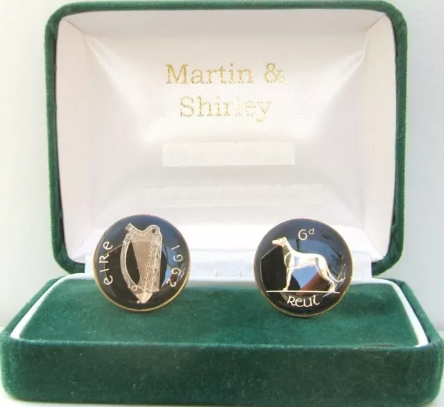 1962 IRELAND cufflinks made from OLD IRISH SIXPENCE in black & gold