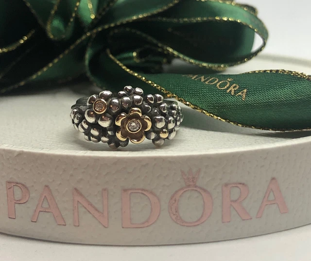 PANDORA FLOWER SILVER Gold Diamond Ring Size 56- 190245D Authentic