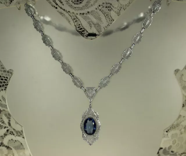 ART DECO FILIGREE Necklace 1930s PS Co Sapphire Blue Crystal Rhodium Plate FAB 2