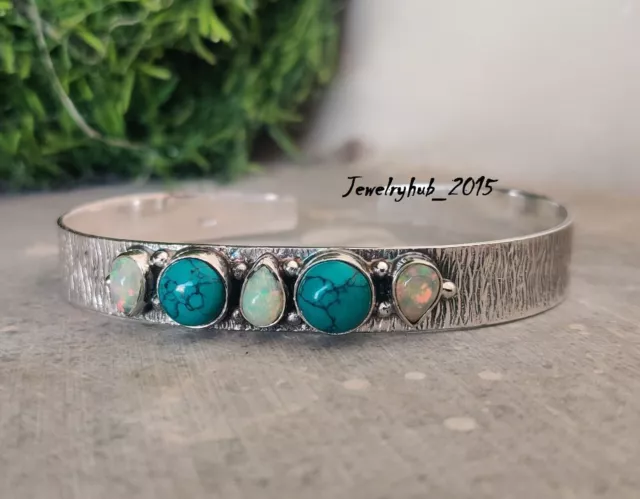 Turquoise & Opal Gemstone Bangle 925 Sterling Silver Adjustable Jewelry MO5185