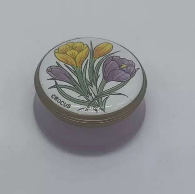 CRUMMLES ENAMEL PILL BOX Crocus Flowers Small Round Lavender Made in England