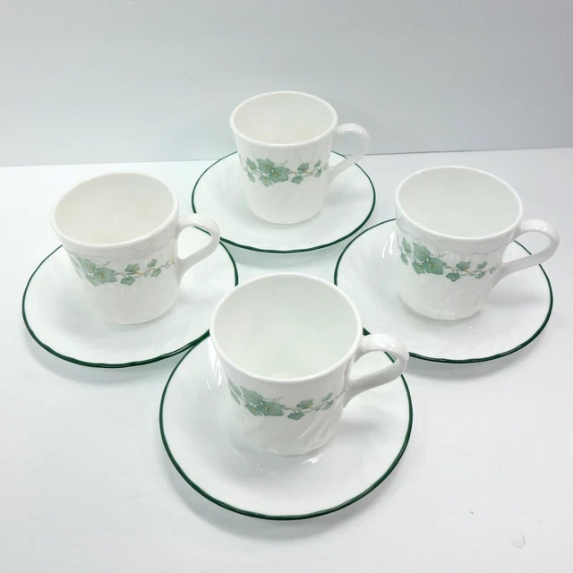 Corelle Callaway Green Ivy 4 Saucers 4 Coffee Tea Cups Corning White Swirl 8 pc