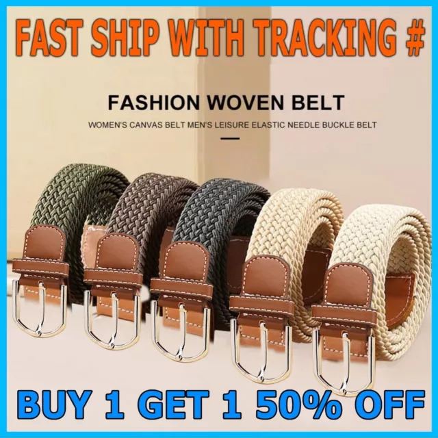 New Mens Womens Stretch Belt Braided Elastic Casual Woven Canvas Fabric Belt