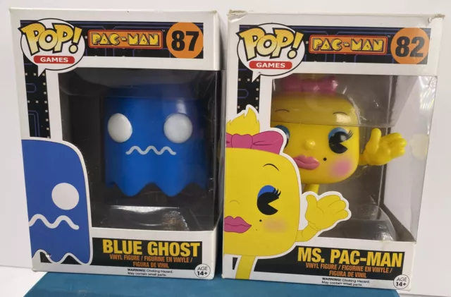 Funko Pop Games Damaged Ms Pac-Man #82 & Blue Ghost #87 Vaulted Lot w/Protectors