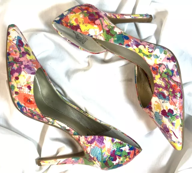 ANA Size 8 Floral  4" High HEELS Multicolor Pink Almond Toe Pumps Floral Spring