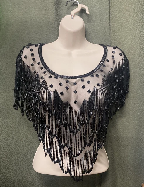 VINTAGE AUTHENTIC BLACK NETTING & Black Beading Necklace Flapper Top