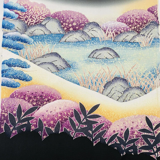 Spectacular #C 14.5x64 LONG Tomesode Black Silk Japanese Kimono Fabric ToD39