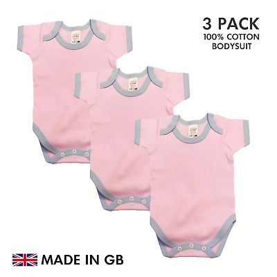 Baby Bodysuit 3 PACK PINK/SKY Trim Blank Babygrow Vest Short Sleeve UK Shower