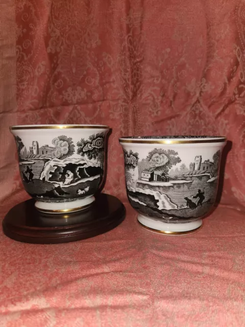 TWO Vintage Spode Copeland Black & White Italian Cachepot Gold Trim- England