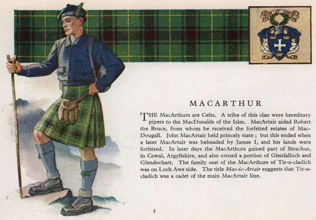 MacArthur. Scotland Scottish clans tartans arms 1957 old vintage print picture