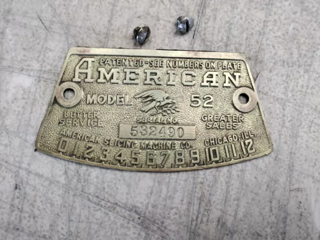 American Slicing Machine #52 Commercial Meat Slicer Brass Badge Tag Plate