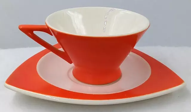 Salem Streamline Tricorne Cup and Saucer White Orange Art Deco Vintage MCM USA