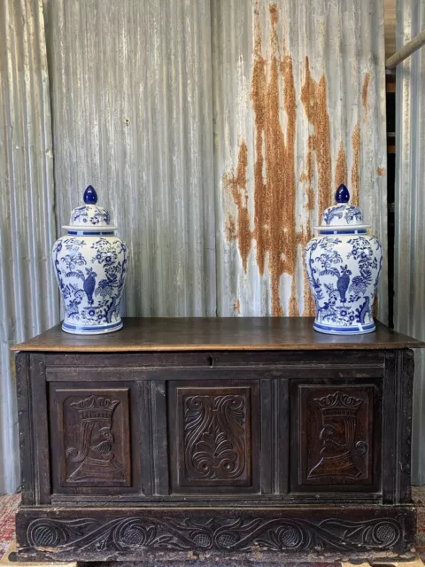 Antique Jacobean Oak Coffer Trunk Chest 16th 17th Century King Crown